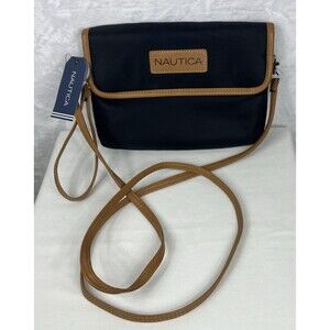Nautica Oversized Clutch Crossbody Black Tan Nylon NEW